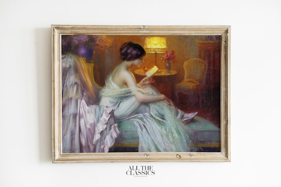 Delphin Enjolras Reading At Lamp Light Woman In White Dress Poster