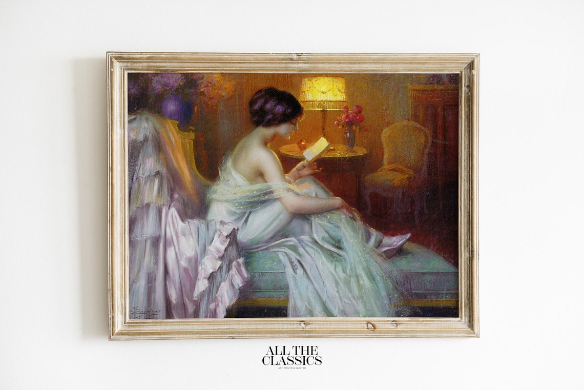 Delphin Enjolras Reading At Lamp Light Woman In White Dress Poster