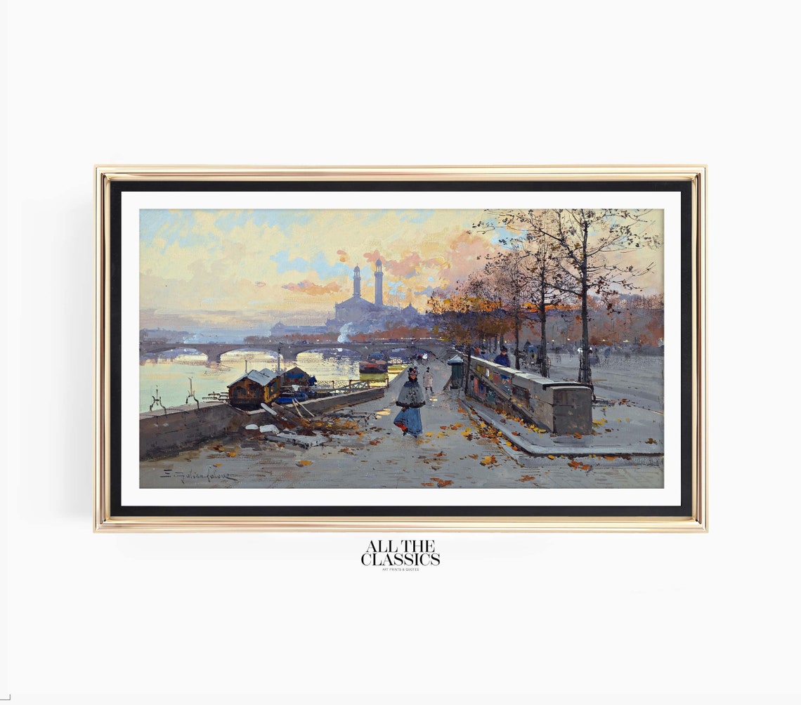 Paris Seine River Quay at Winter Sunset with Bridge Vintage Poster - Image 3