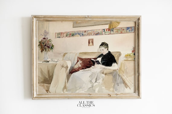 Woman Reading on Chaise Lounge Watercolor Cozy Interior Poster