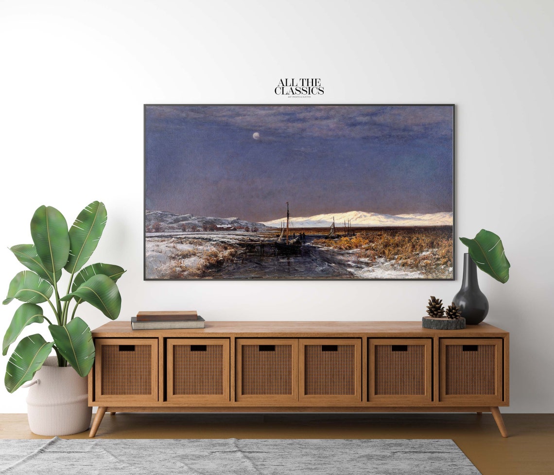Moonlit November Evening with Boats on a Winter River Poster - Image 2