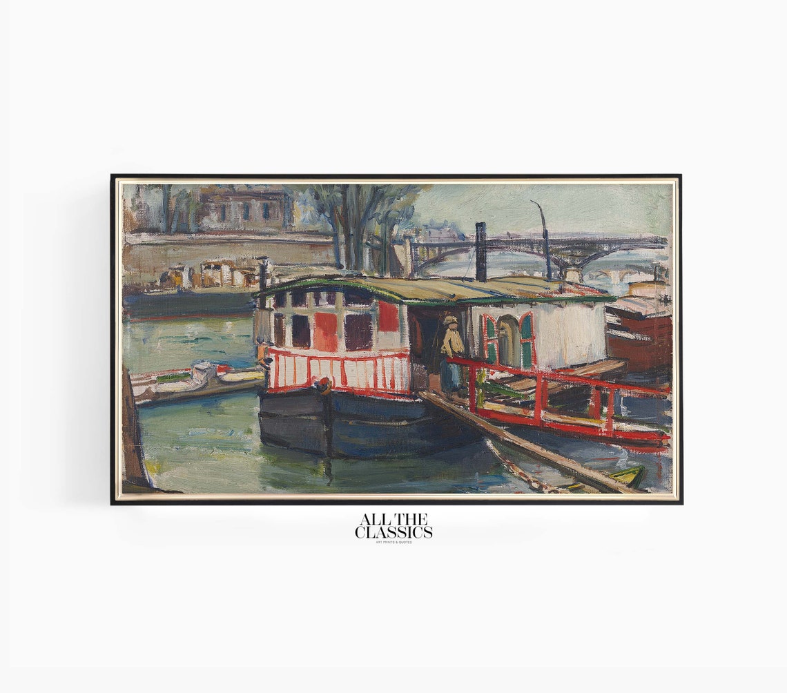 Houseboat on a Quiet River with Bridge Modern Vintage Poster