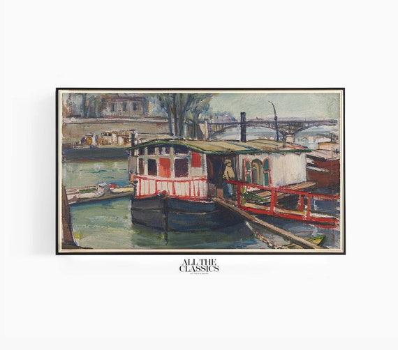 Frame Tv Art Vintage Art Wall Art Modern Riverboat Muted Green Blue Red Pesumajad Seineil Andrus Johani
