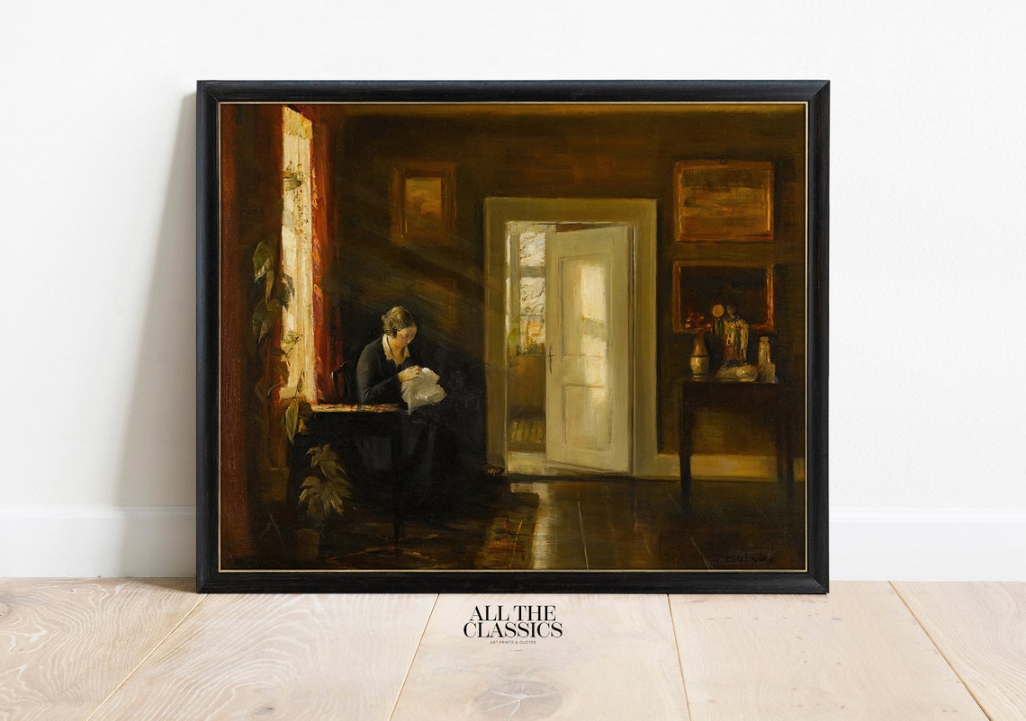 Carl Holse Sewing By The Window Moody Danish Interior Painting Poster - Image 3
