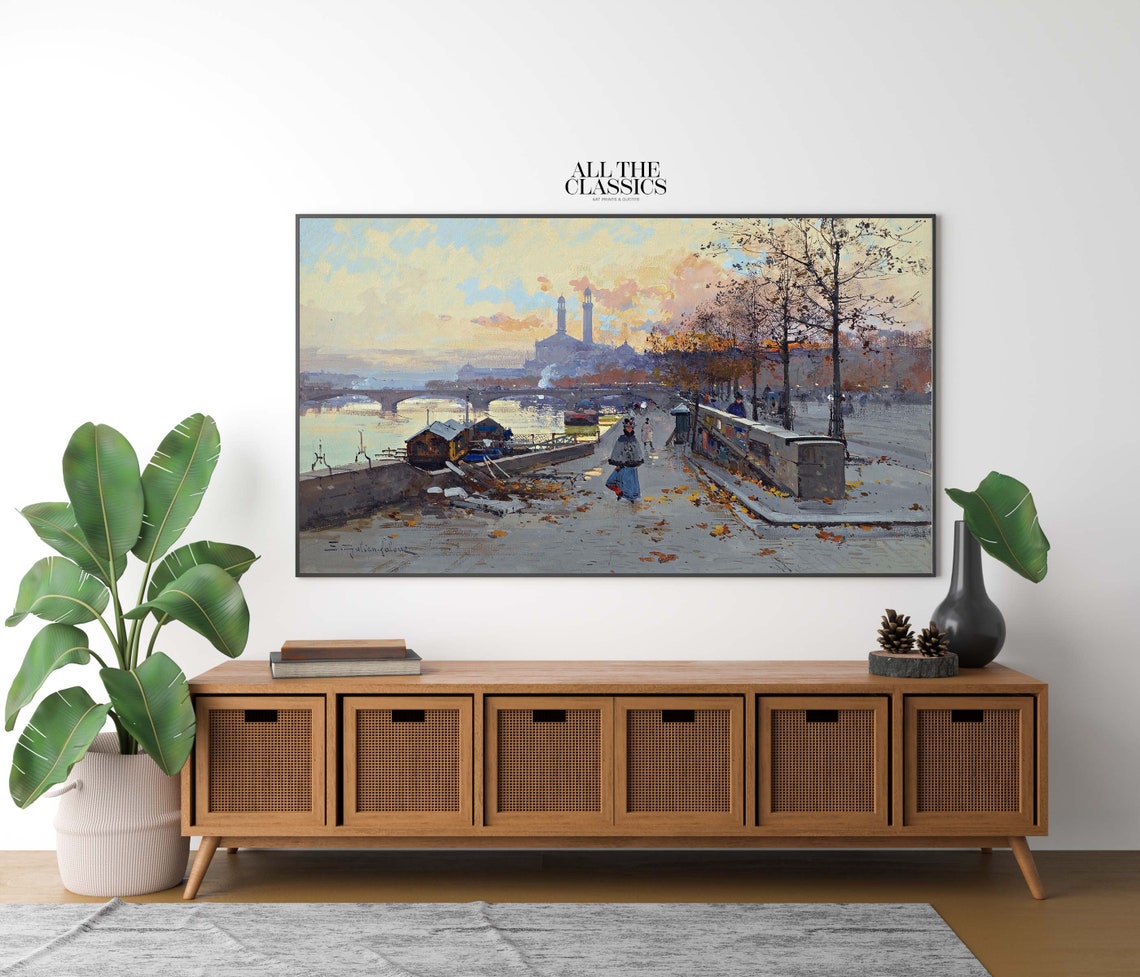 Paris Seine River Quay at Winter Sunset with Bridge Vintage Poster - Image 2