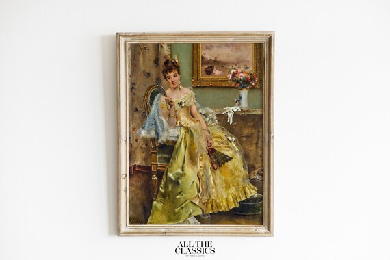 Victorian Lady In Yellow Satin Gown Holding Fan Elegant Portrait Poster