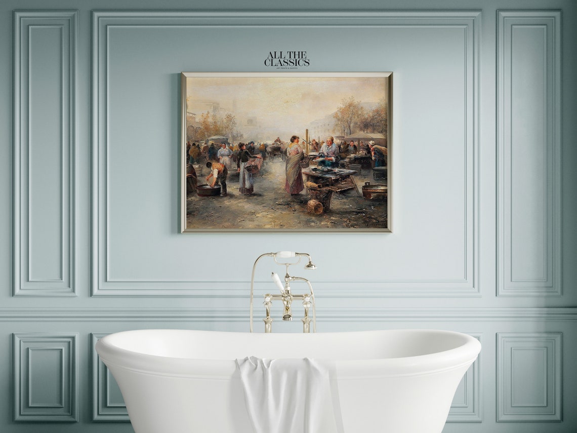 Old Market Square Women With Baskets Vintage Painting Poster - Image 2