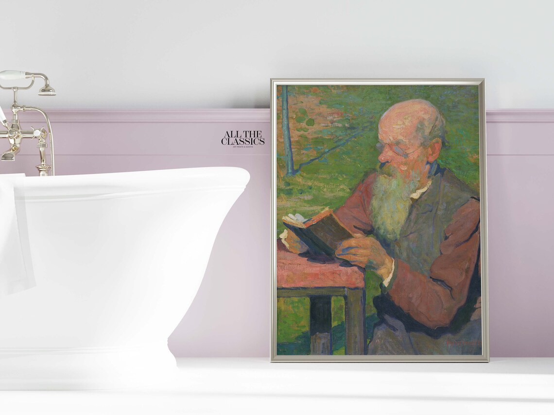 Elderly Man Reading Book Outdoors Impressionist Vintage Portrait Poster - Image 2
