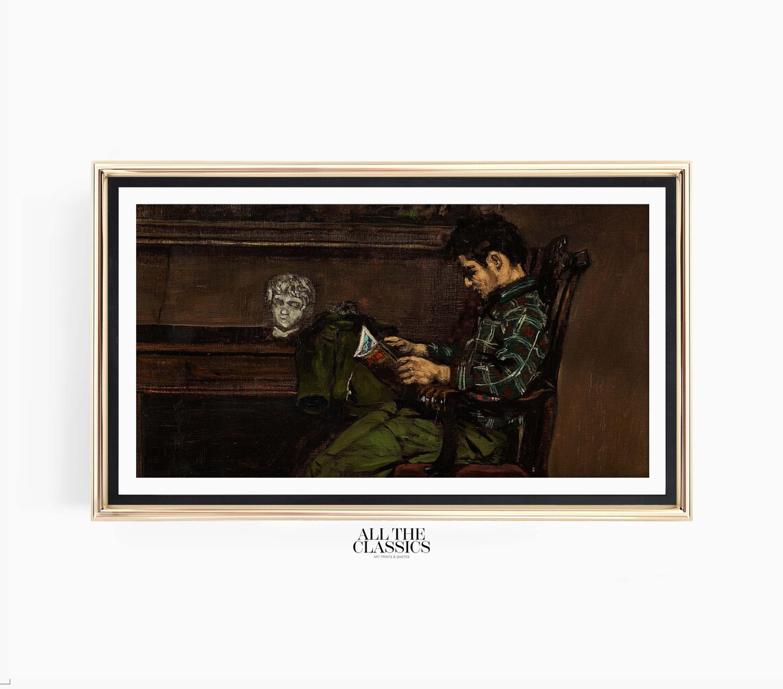 Moody Man Reading in Armchair Dark Vintage Oil Painting Poster - Image 3