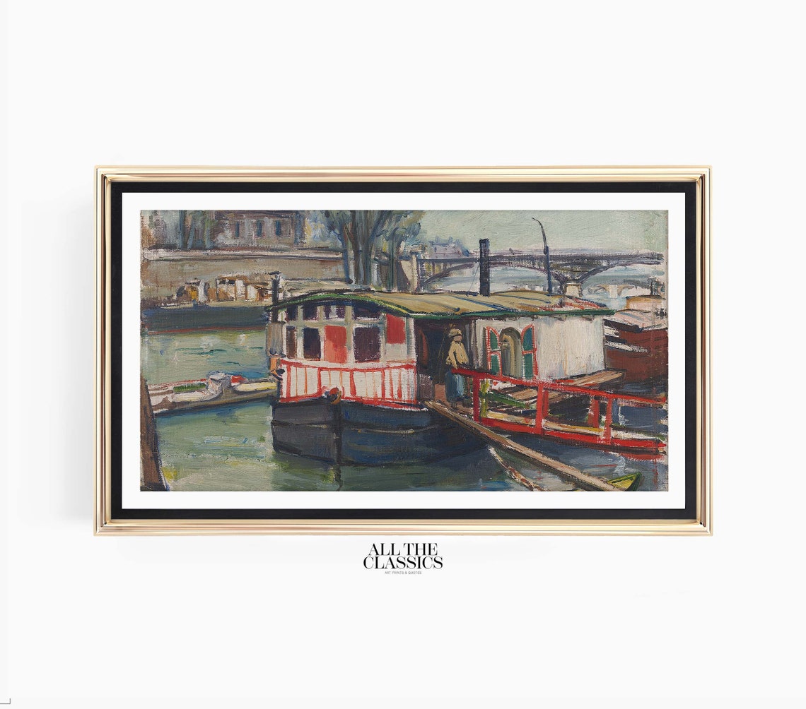 Houseboat on a Quiet River with Bridge Modern Vintage Poster - Image 3