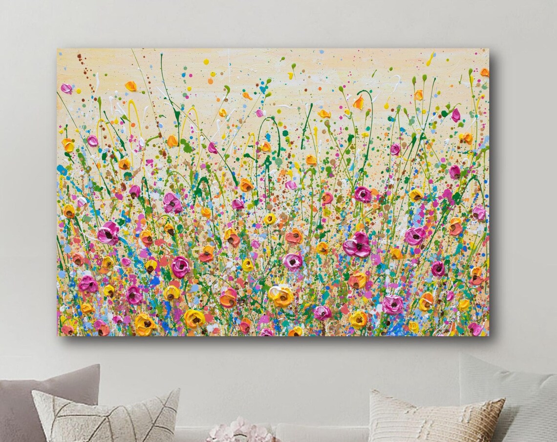 Pink Yellow Wildflower Meadow Beige Sky Spring Impasto Art Print
