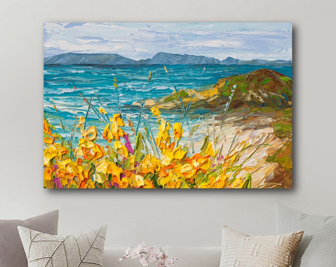 Yellow Wildflowers Turquoise Ocean Coast Mountain Beach Art Print
