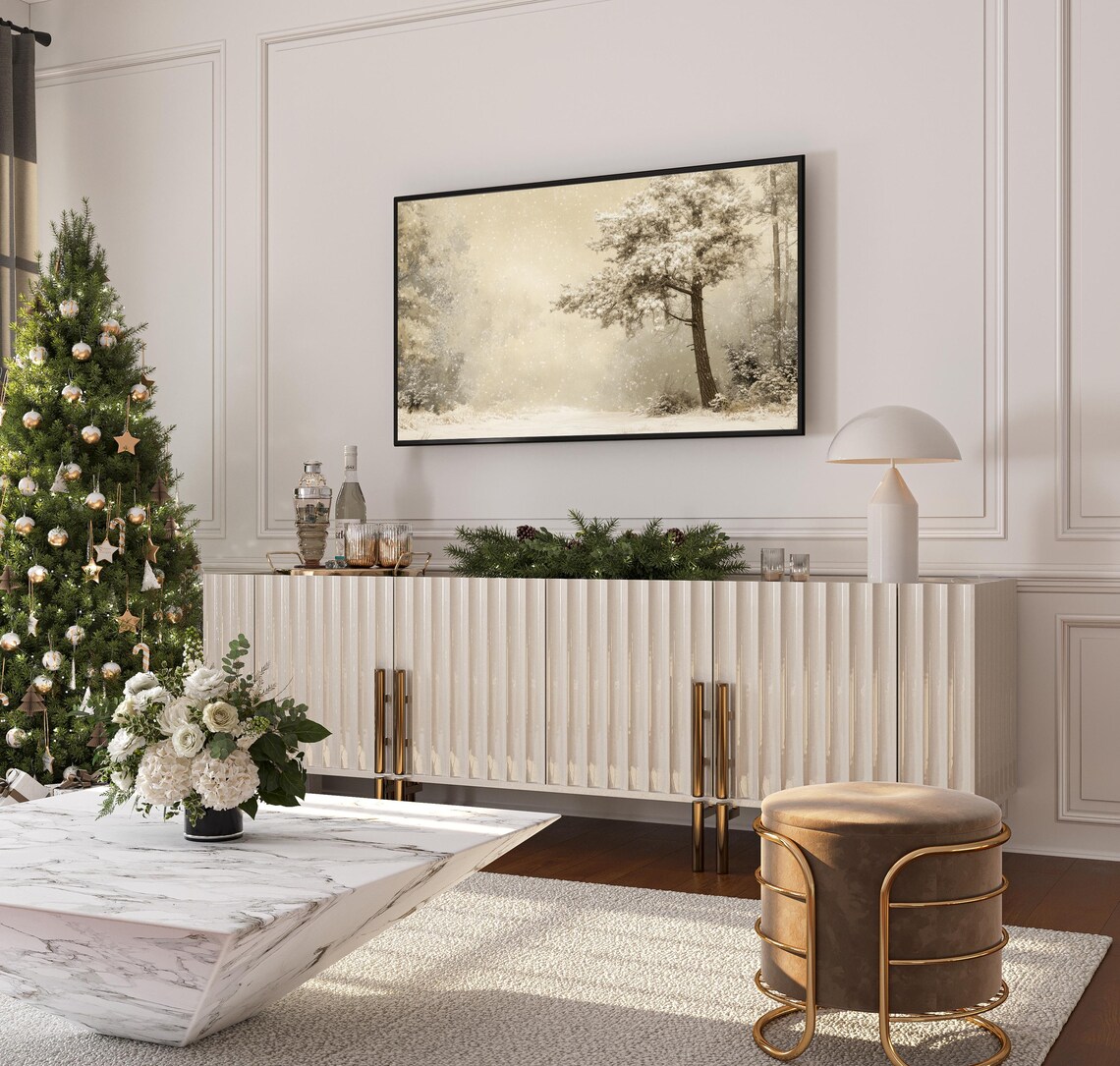 Snowy Pine Forest Golden Falling Snow Neutral Winter Nature Poster - Image 3