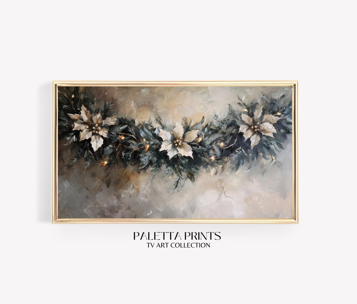 White Poinsettia Christmas Garland Vintage Holiday Floral Art Poster