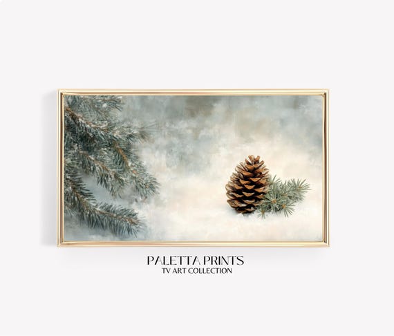Rustic Pinecone Frame Tv Art Frosty Winter Decor Artwork Minimalist Snowy Nature Scene Tv Design Cozy Seasonal Tv Art