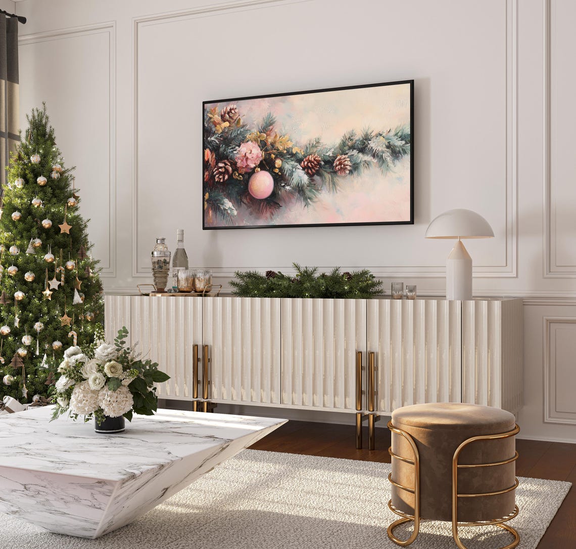 Pink Gold Holiday Garland Pinecones Baubles Festive Winter Poster - Image 3