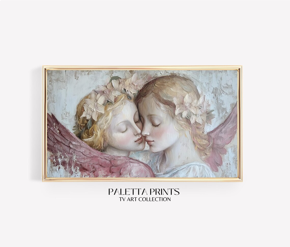 Romantic Angels Embracing Floral Crowns Ethereal Vintage Art Poster