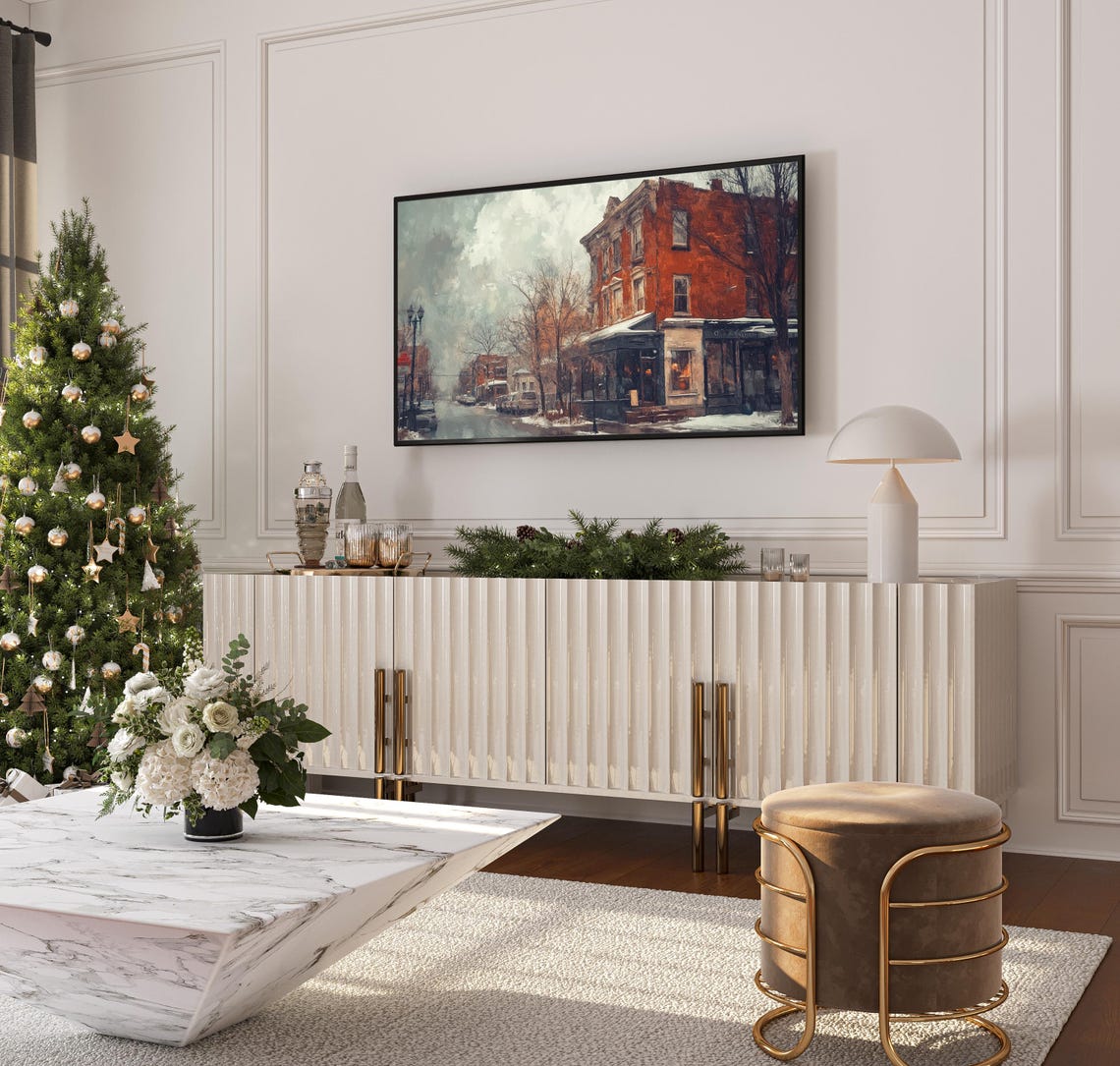 Snowy Street Scene Frame Tv Art Rustic Winter Town Tv Art Vintage Decor Cozy Winter Urban Landscape - Image 3