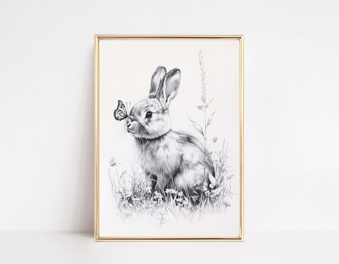 Rabbit and Butterfly Pencil Sketch Black White Wildlife Spring Art Poster - Image 3
