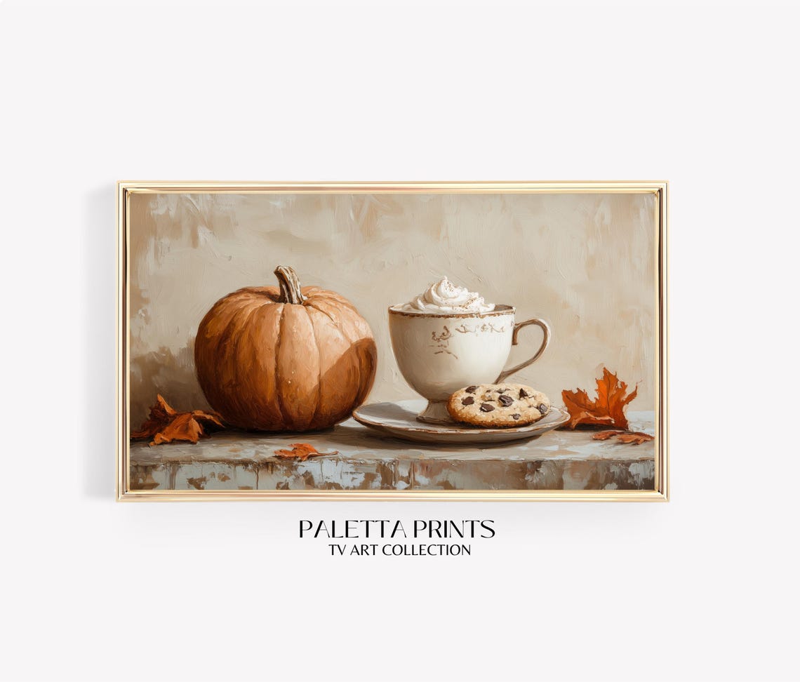 Pumpkin Coffee Mug Whipped Cream Cookie Cozy Fall Kitchen Art Poster