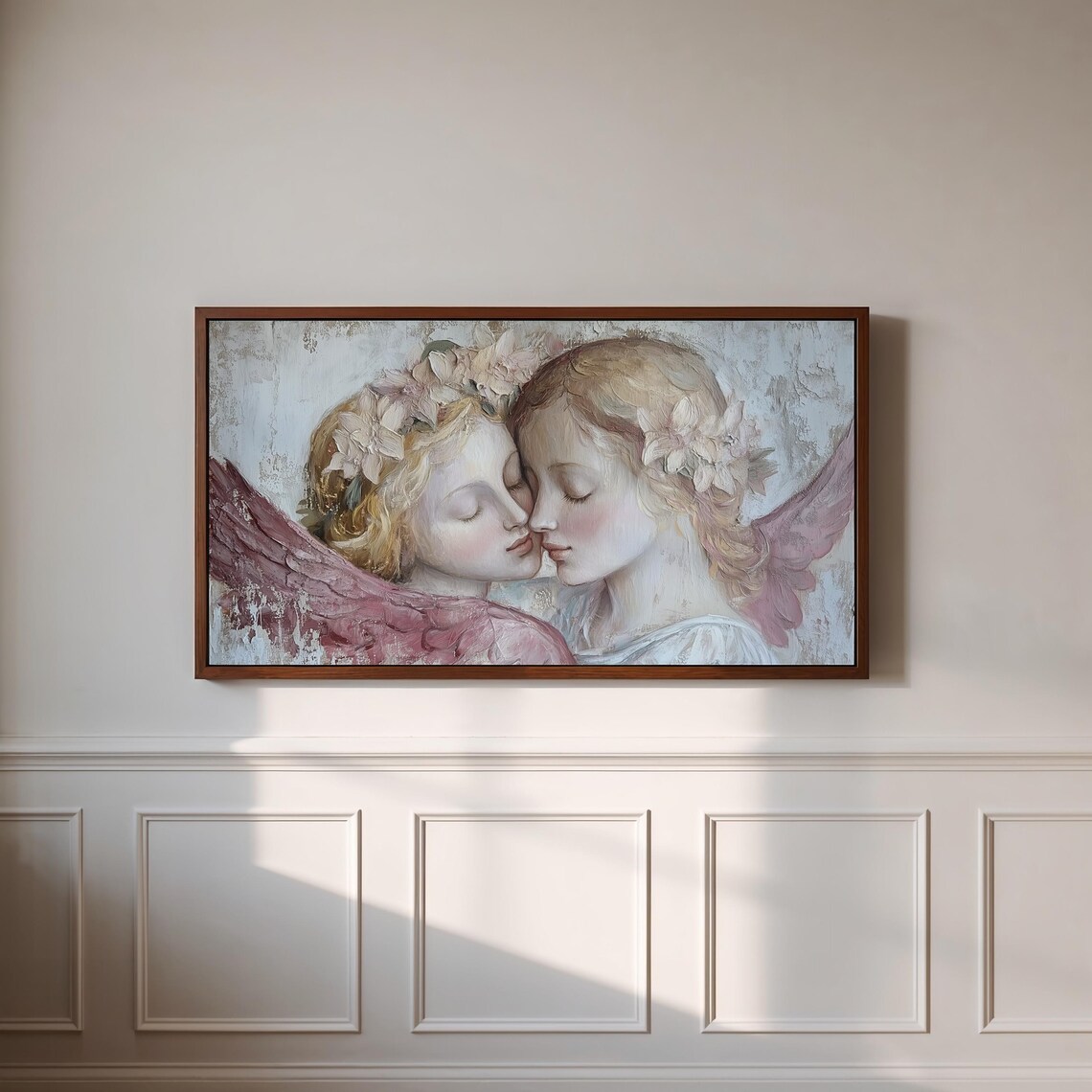 Romantic Angels Embracing Floral Crowns Ethereal Vintage Art Poster - Image 3