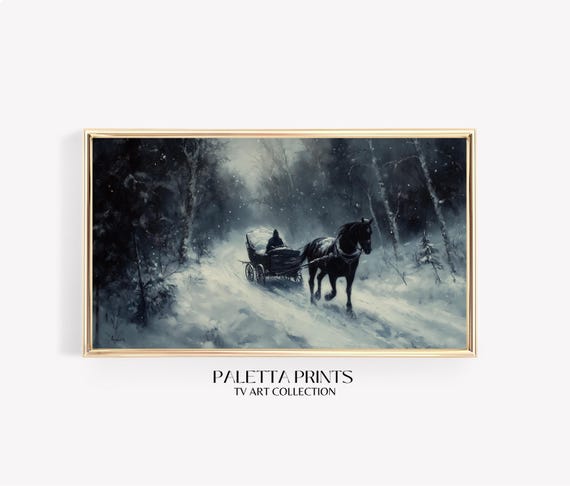 Vintage Winter Sleigh Ride In Snowy Forest Frame Tv Art Rustic Horse Drawn Carriage Scene Dark Moody Holiday Wall Art