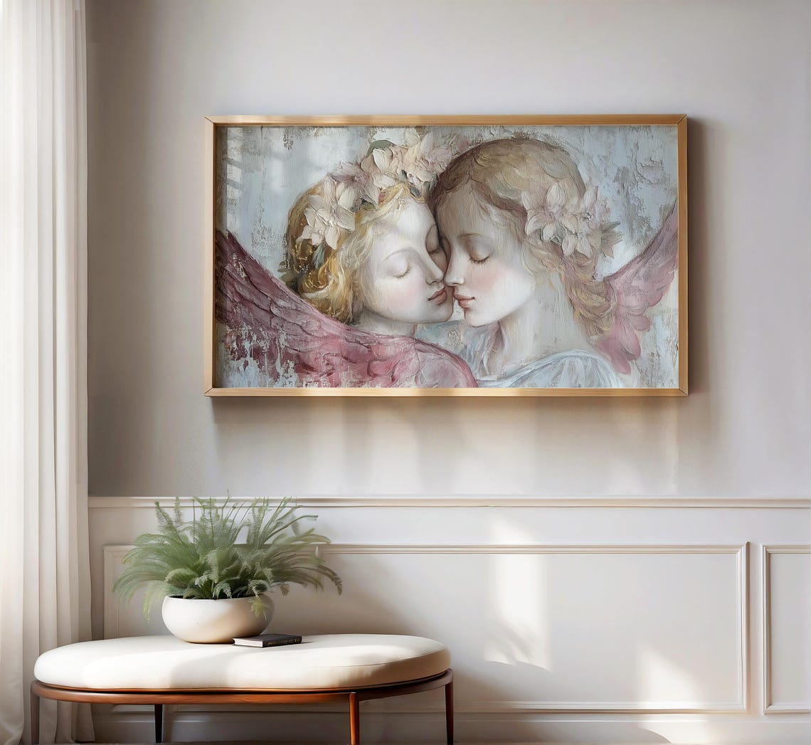 Romantic Angels Embracing Floral Crowns Ethereal Vintage Art Poster - Image 2