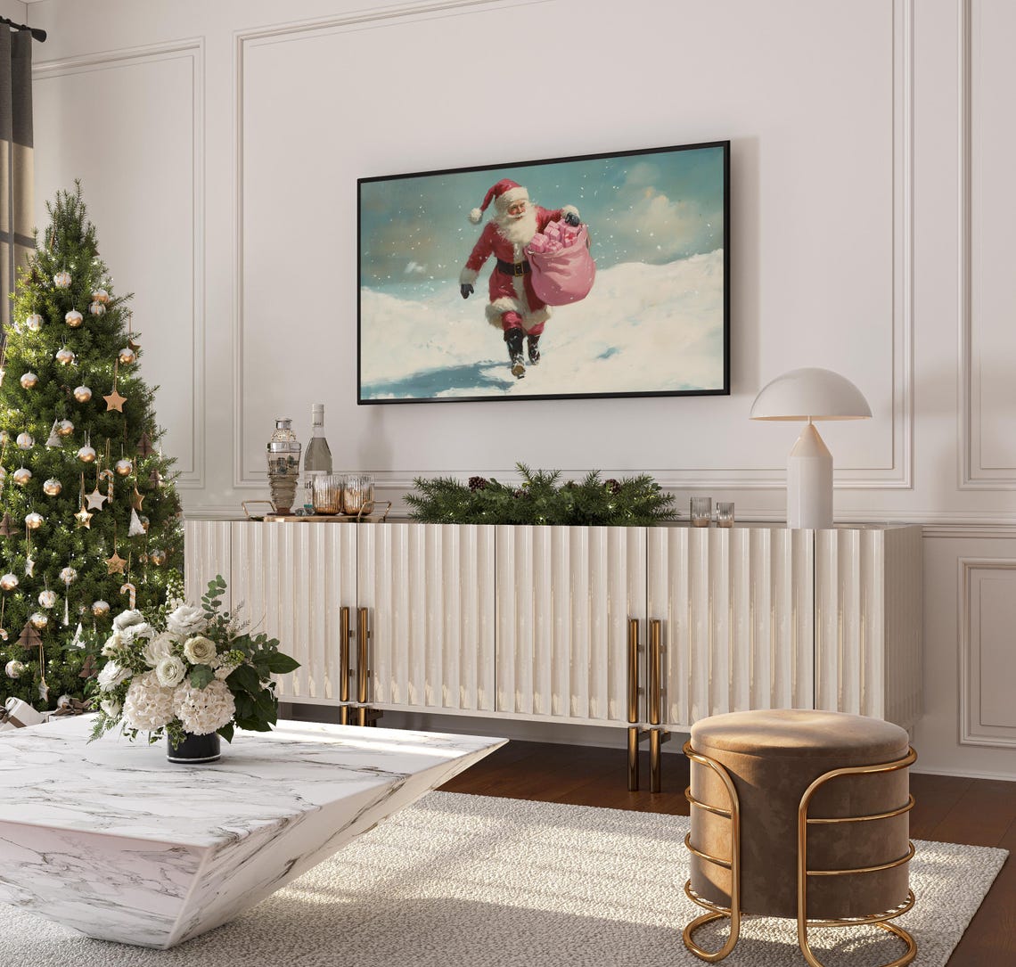Santa Claus Pink Gift Sack Snowy Holiday Scene Festive Wall Art - Image 3
