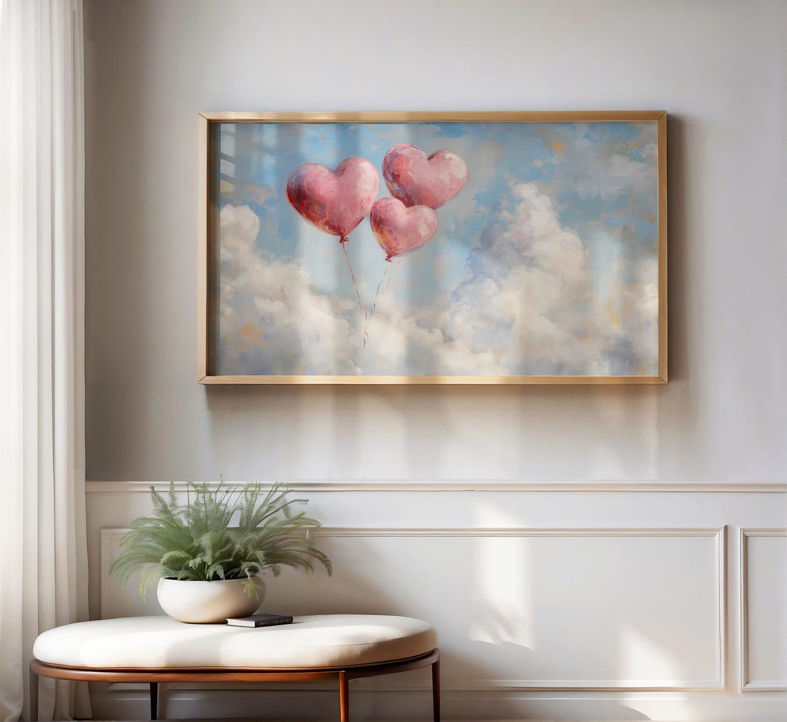 Pink Heart Balloons Floating in Blue Sky Cloudscape Art Poster - Image 2