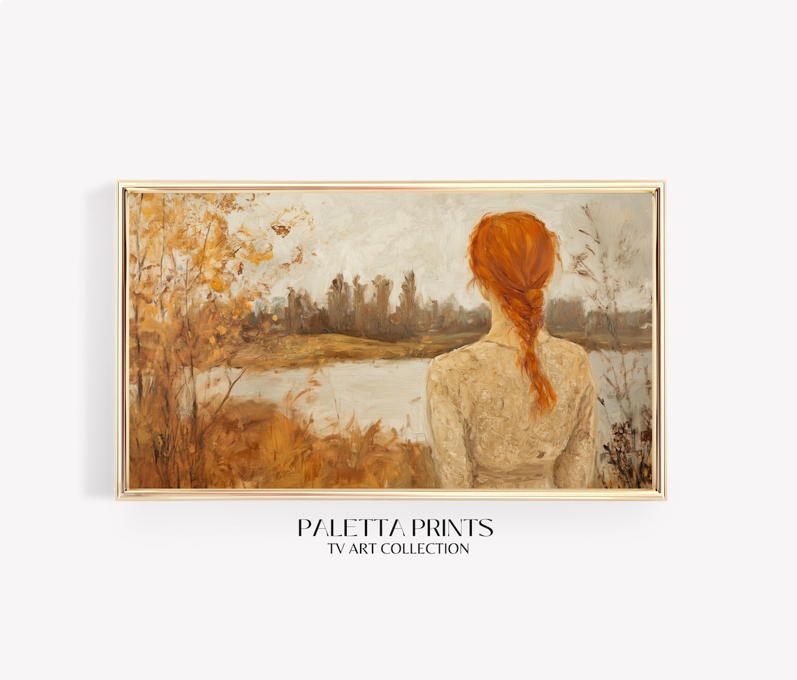 Redhead Woman Autumn Lake View Golden Fall Countryside Scene Poster