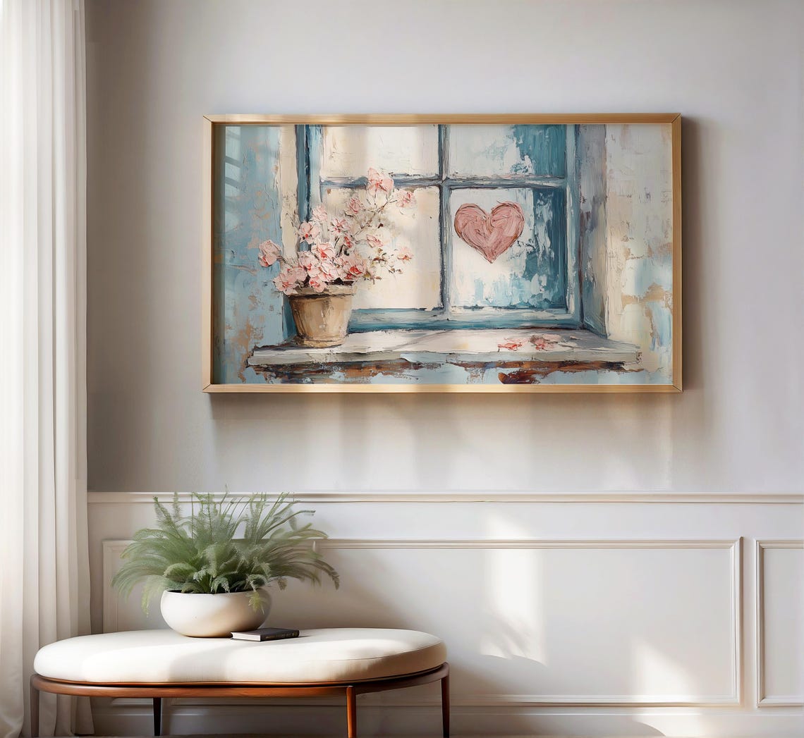 Romantic Rustic Window Pink Heart Blossom Pot Impressionist Poster - Image 2