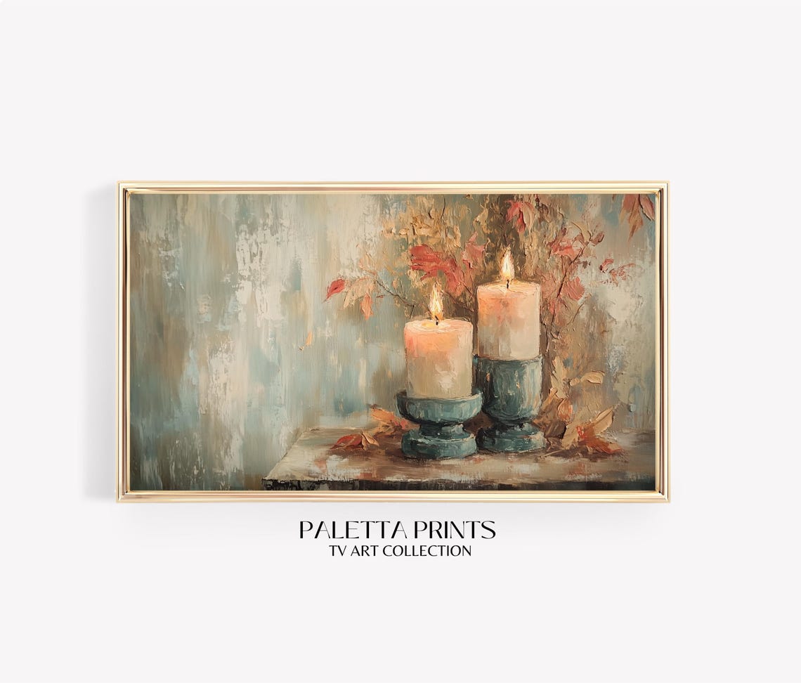 Two Lit Candles Autumn Leaves Cozy Fall Still Life Wall Art Poster