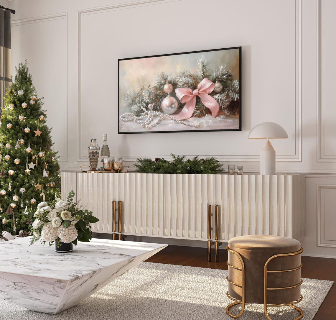 Pink Bow Pearl Ornaments Christmas Painting Pine Branches Art Print - Image 3