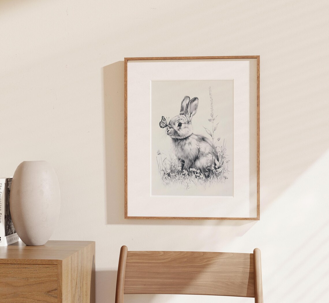Rabbit and Butterfly Pencil Sketch Black White Wildlife Spring Art Poster - Image 2