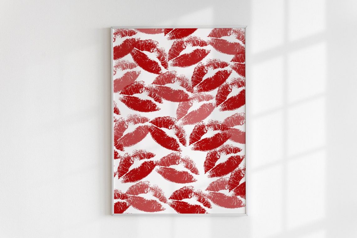 Red Lipstick Kiss Marks Pattern Coquette Bold Wall Art Print