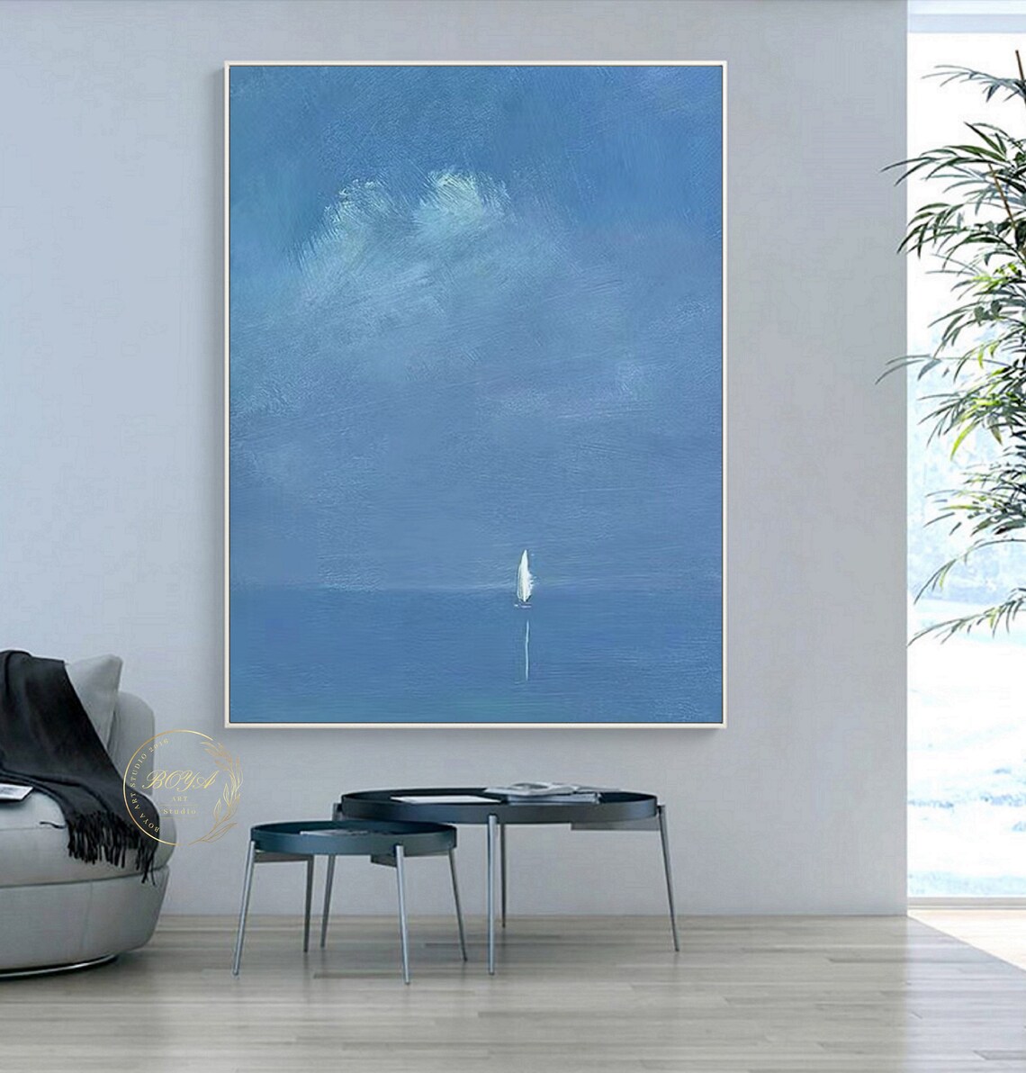Minimalist Blue Seascape Sailboat Coastline Art Print - Image 4
