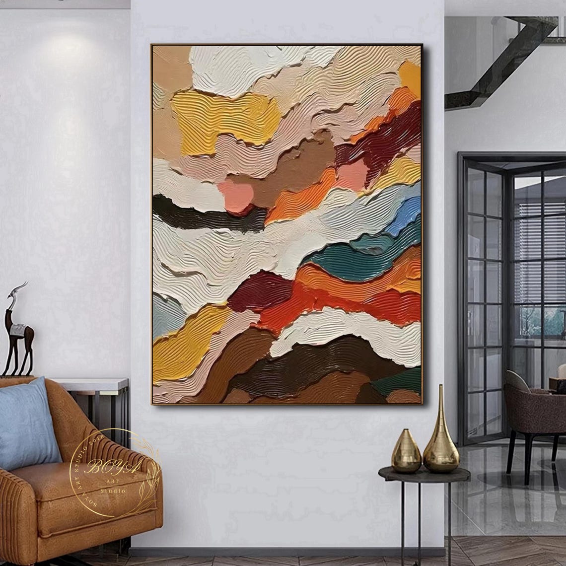 Colorful Wavy 3D Textured Abstract Landscape Painting Art Poster - Image 2