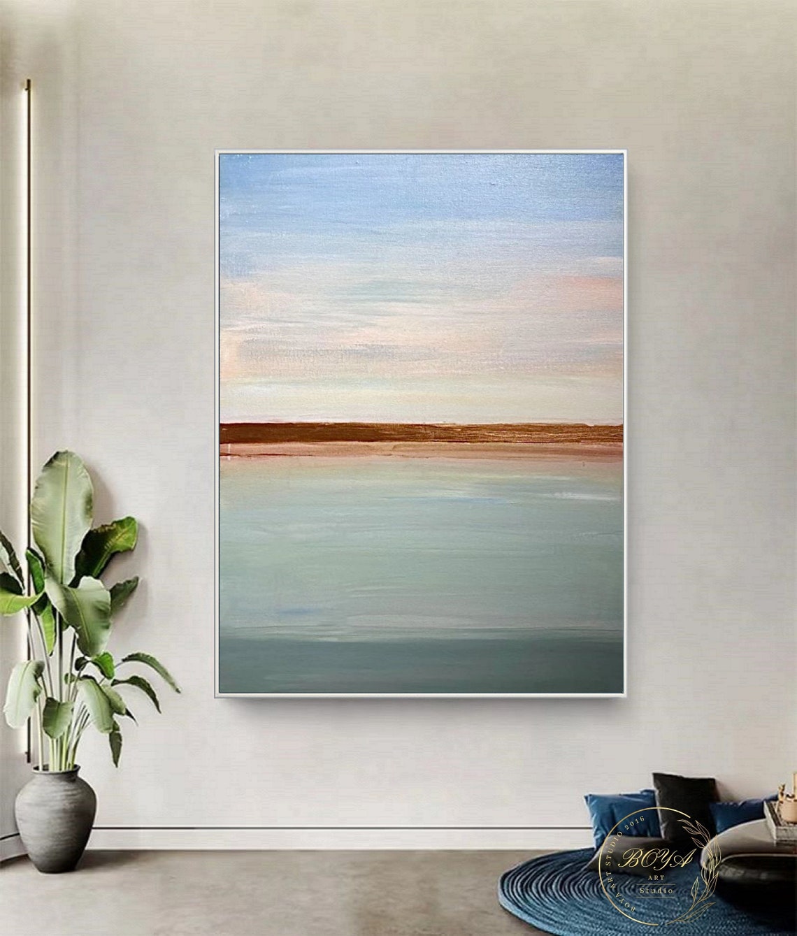 Minimal Pastel Horizon Seascape with Copper Band Artwork Poster - Image 2