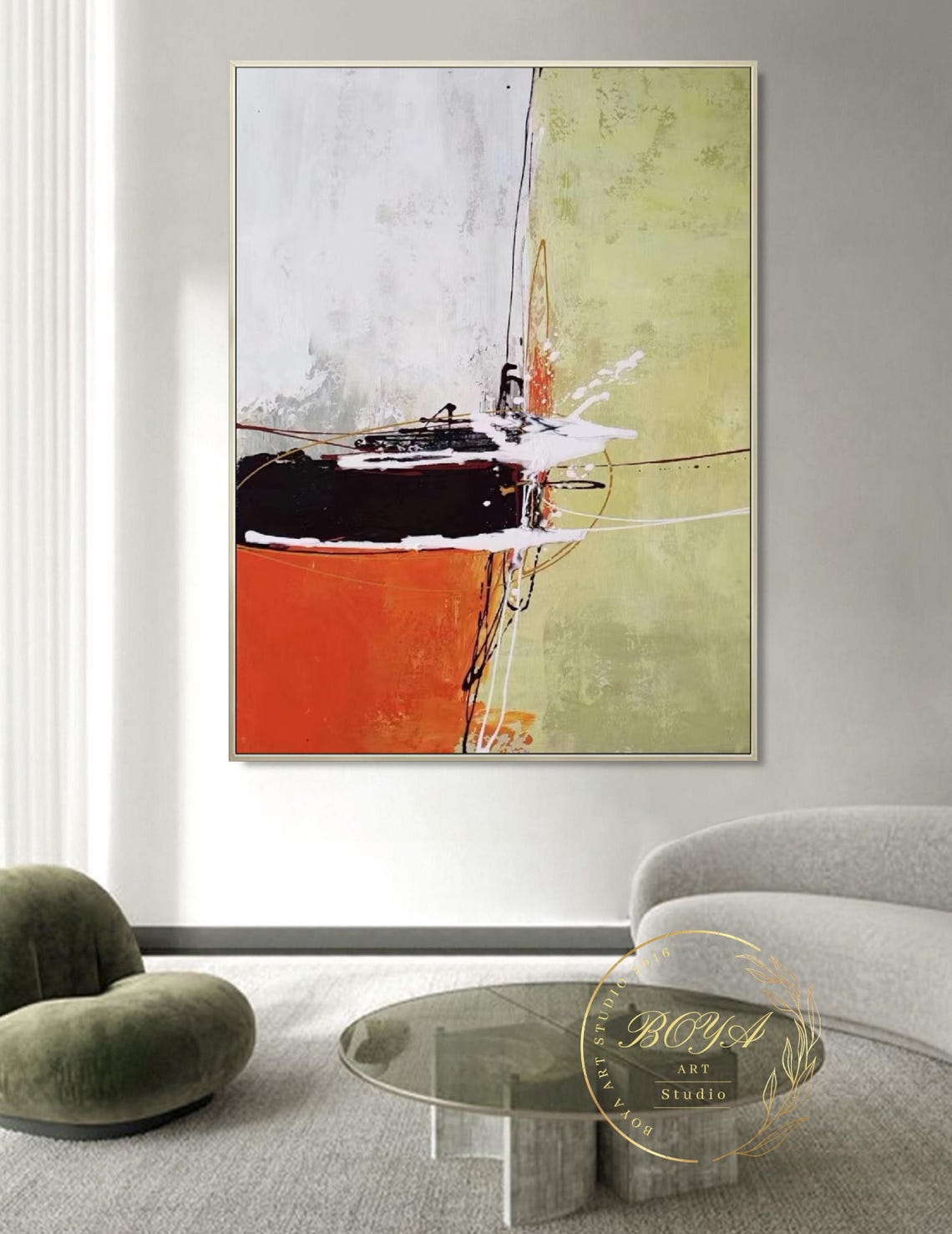 Original Green Abstract Painting Large Green Painting Orange Oil Painting Minimalist White Wall Art Geometric Painting Modern Wall Painting - Image 4
