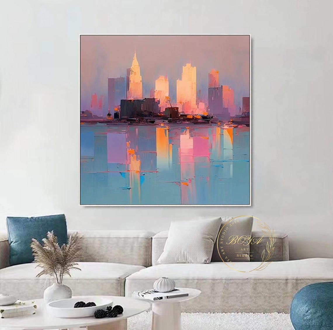 Romantic Pink City Skyline Reflected in Calm Blue Water Poster - Image 4