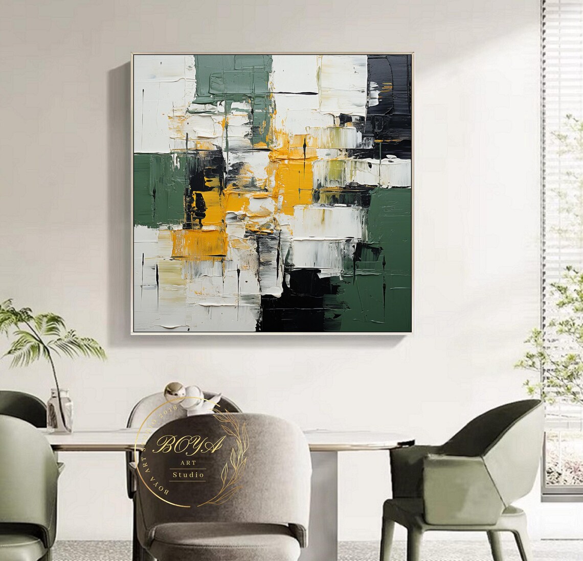 Large Green Textured Art Green Abstract Painting Minimalism Black White Abstract Art Yellow Textured Painting Original Modern Wall Painting - Image 2