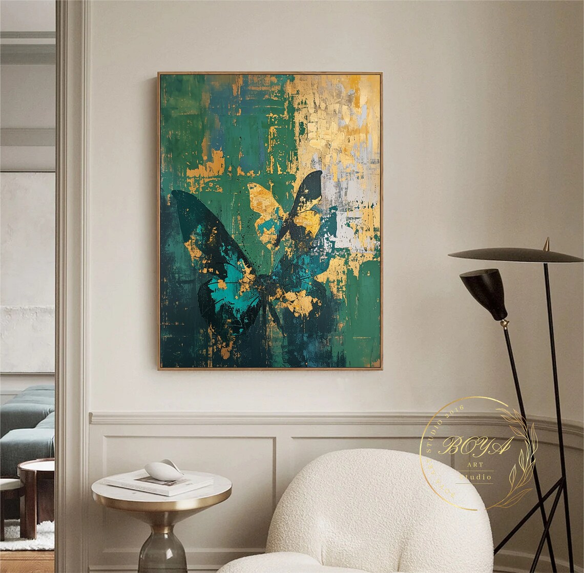 Green Butterfly Abstract Art, Gold-Textured Art Print - Image 2