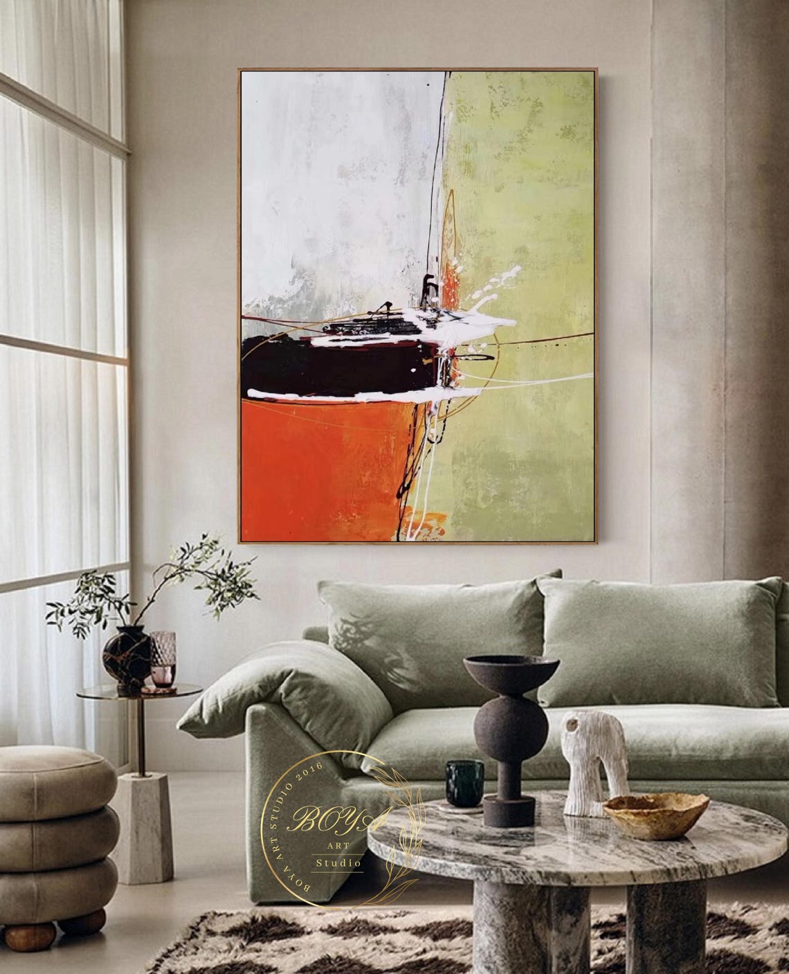 Original Green Abstract Painting Large Green Painting Orange Oil Painting Minimalist White Wall Art Geometric Painting Modern Wall Painting - Image 2