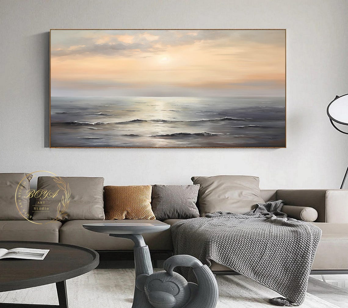 Soft Beige Sunset Seascape Over Calm Ocean Waves Decor Poster - Image 3