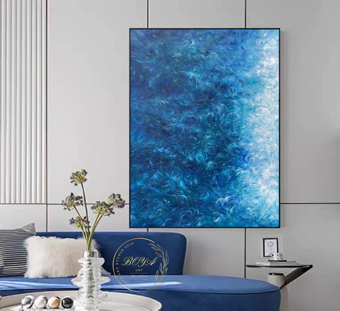 Deep Blue Swirling Ocean Wave Texture Abstract Painting Art Poster - Image 2