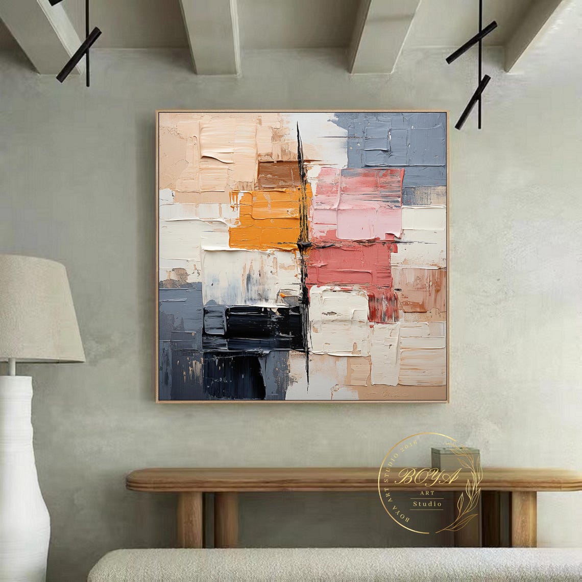 Large Pink Abstract Art Pink Textured Painting Original Pink Wall Art Beige Abstract Painting Modern Multicolor Painting Black Textured Art - Image 2