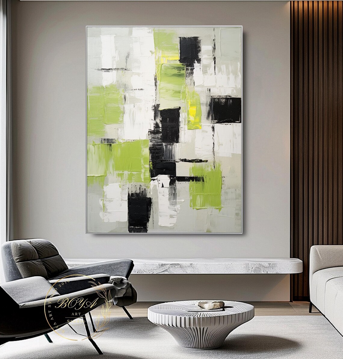 Lime Green Abstract Painting Large Green Minimalism Wall Art Black White Wall Painting Original Green Art Black White Textured Art - Image 3
