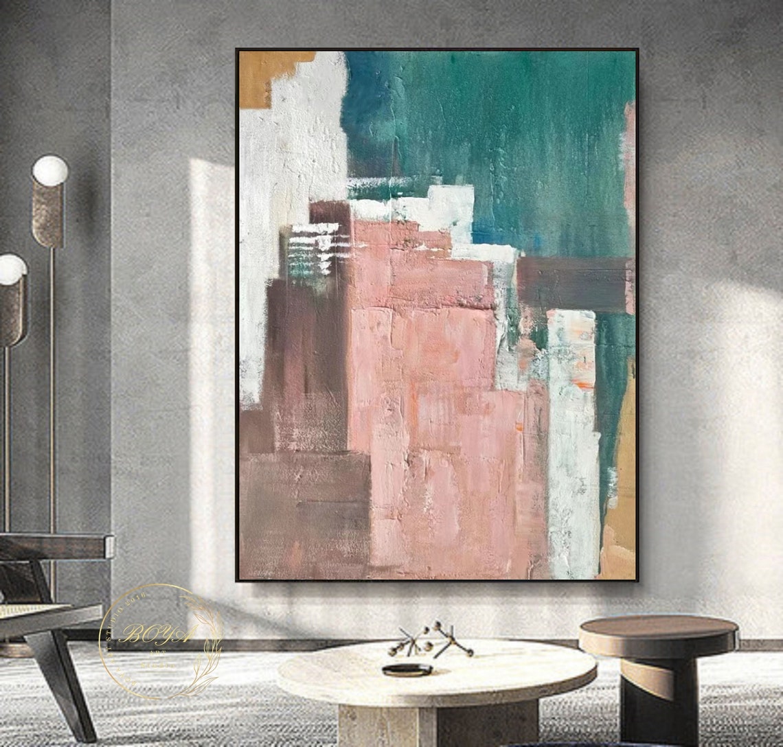 Textured Rose Pink Teal and Gold Blocks Abstract Painting Poster - Image 5