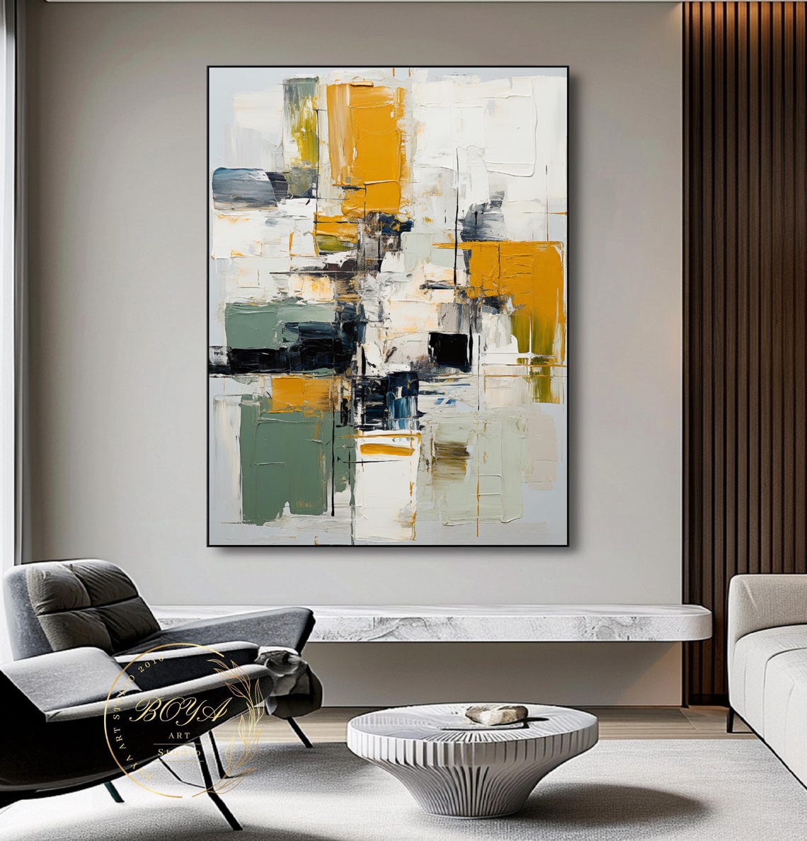 Mustard Sage Black Geometric Blocks Abstract Painting Art Poster - Image 4