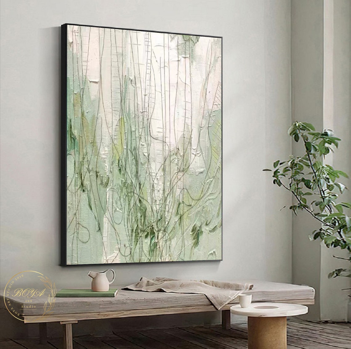 Cream and Green Hanging Vine Line Abstract Art Painting Poster - Image 3